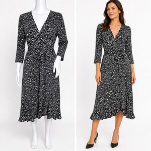 Leota‎ Leopard Wrap Dress Womens M Black Gray 3/4 Sleeve Tie Waist Ruffle Hem